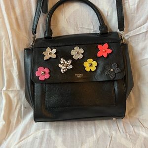 Guess black with multi color 3D flowers handbag purse
